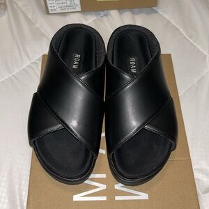 ROAM Black Vegan Leather Cross Stack Sandals